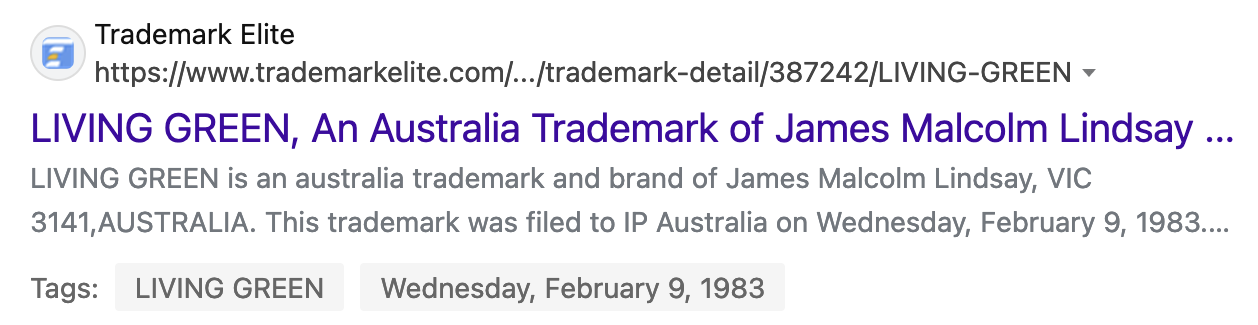LIVING_GREEN_Trademark_lodgement_1983 By JAMES MALCOLM LINDSAY</img>
<h1>JAMES MALCOLM LINDSAY Esq.<br>LIVING GREEN</h1>
<p>James Malcolm Lindsay Esq. was and remains the first person on Earth to trademark the words 